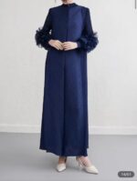 بیراهن عبا پليسه آستین گل دار سرمه ای